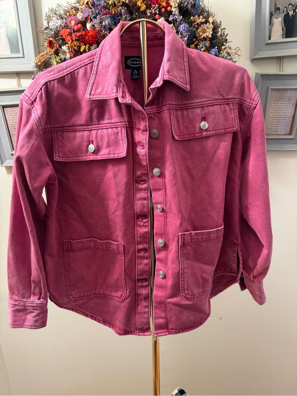 Scooped Pink Denim Jacket with Patch Pockets